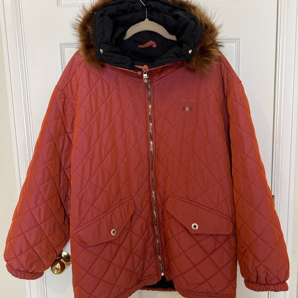 Vintage Post Card by Dario Talenti Ski Jacket Quilted Rust Orange Faux Fur Hood